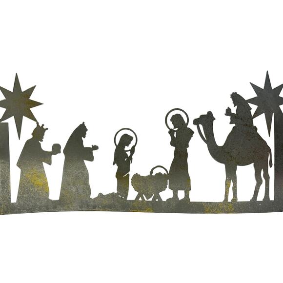 Curved Metal 22.5" Grey/Gold Flecks Die-Cut Christmas Nativity Scene - Picture 1 of 6